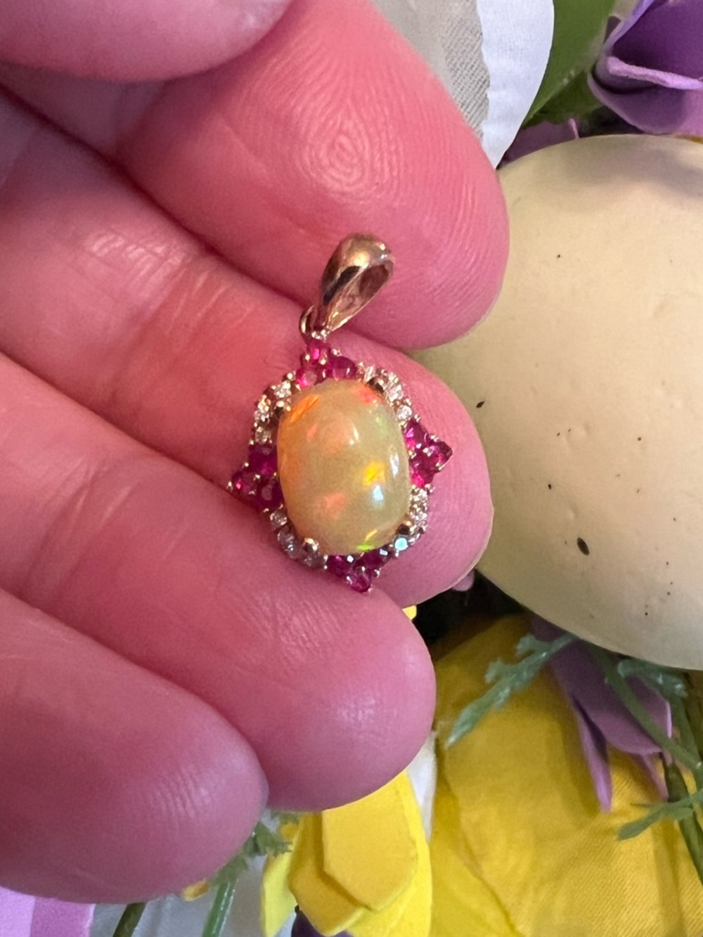 10k Solid Rose Gold Ethiopian Opal with Genuine Diamond and Ruby Halo Pendant - Picture 3 of 16